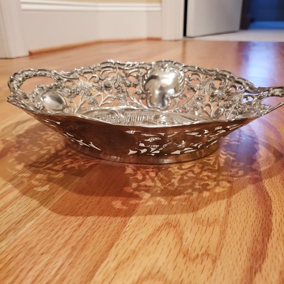 Mid-Century Vintage Handmade Nickel Bowl Raised Vegetable Design and Handles - Picture 9 of 9
